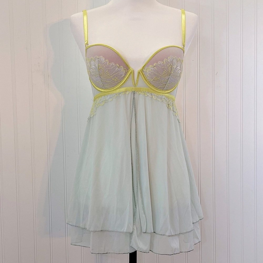 Auden 2 piece babydoll push-up sheer nightgown green yellow lace thong panty new - Picture 3 of 8